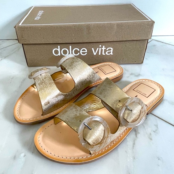 Dolce Vita Secily, women’s 8.5 gold leather dual strap buckle flat sandals EUC - Picture 1 of 4